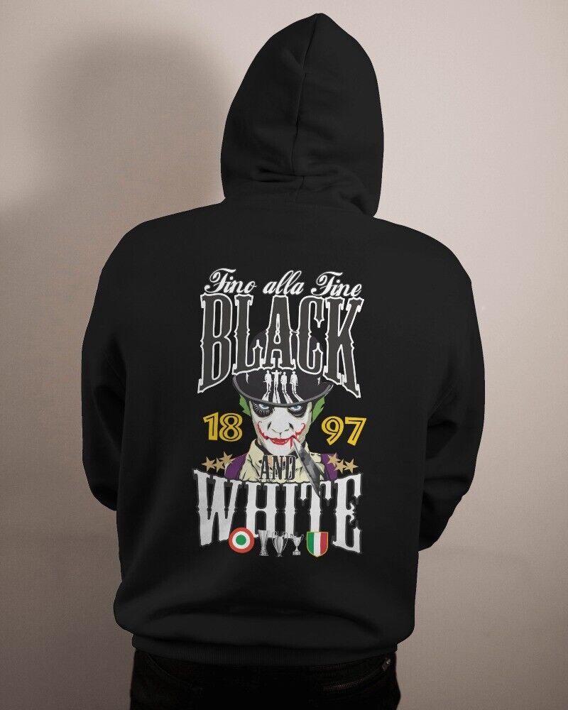 Felpa con cappuccio, stampa davanti e dietro, black e white