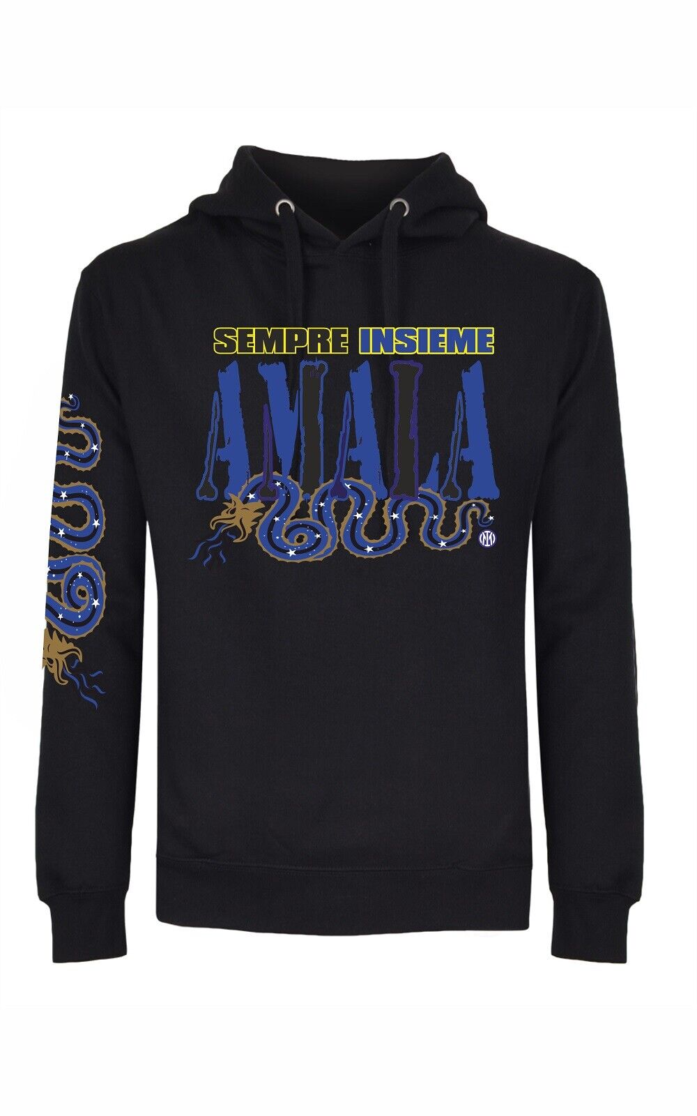 Felpa nera unisex con cappuccio e marsupio con stampa Amala