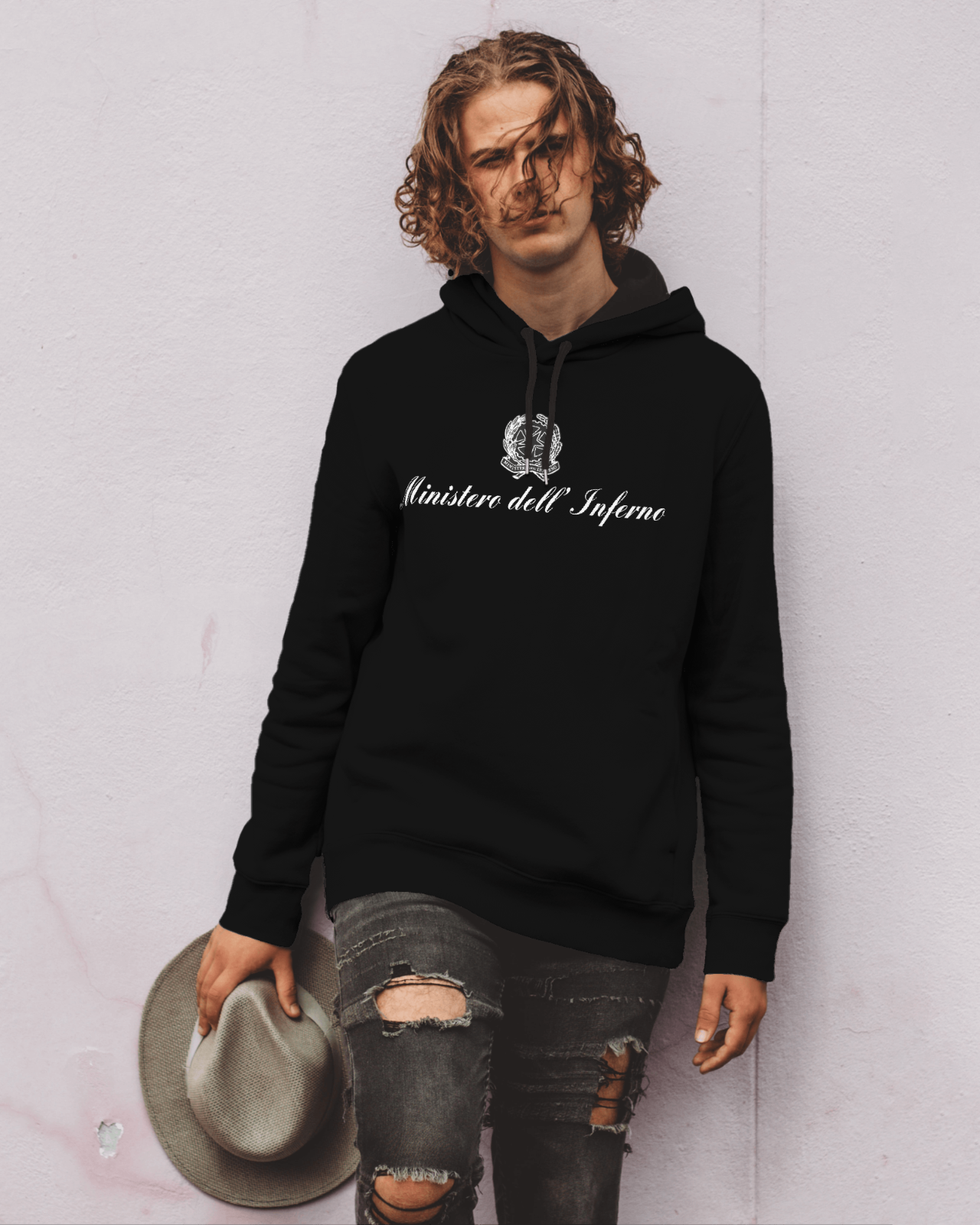 Felpa nera con cappuccio unisex con stampa Ministero dell'Inferno solo davanti