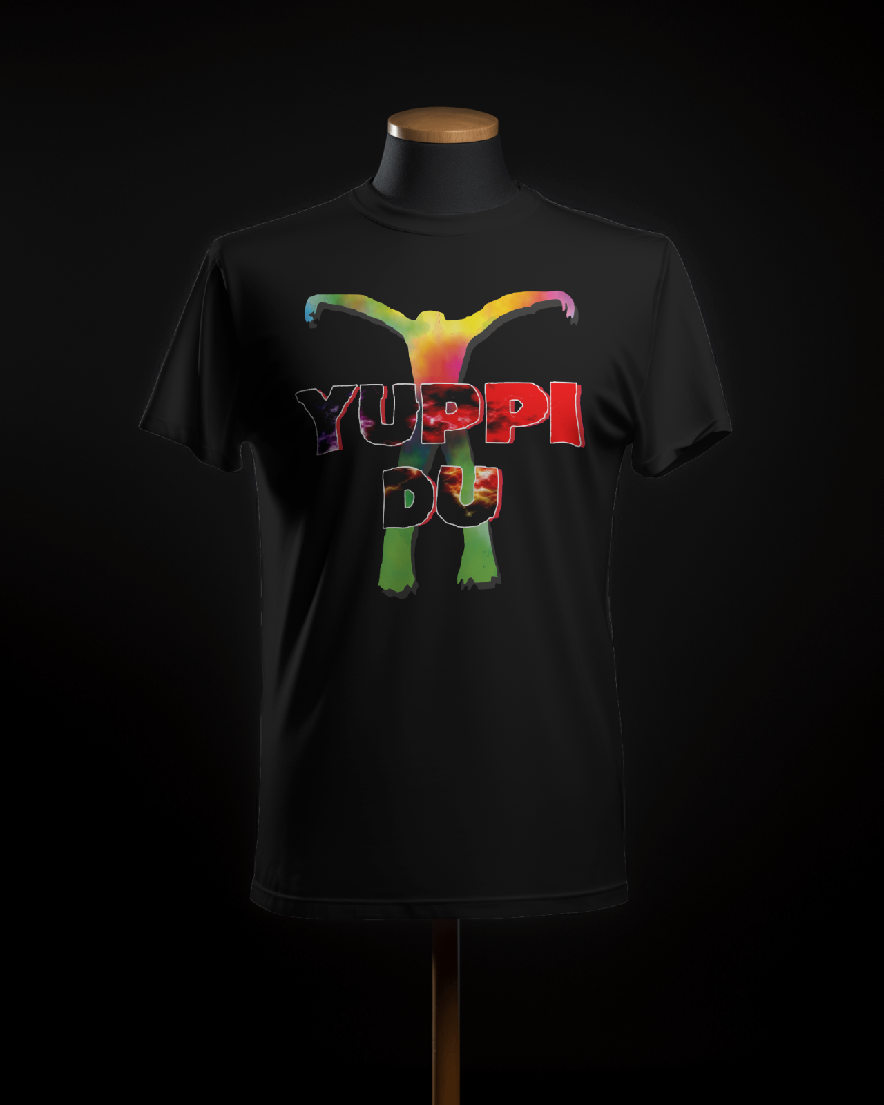 Maglietta Yuppi anni 70 unisex nera manica corta con stampa