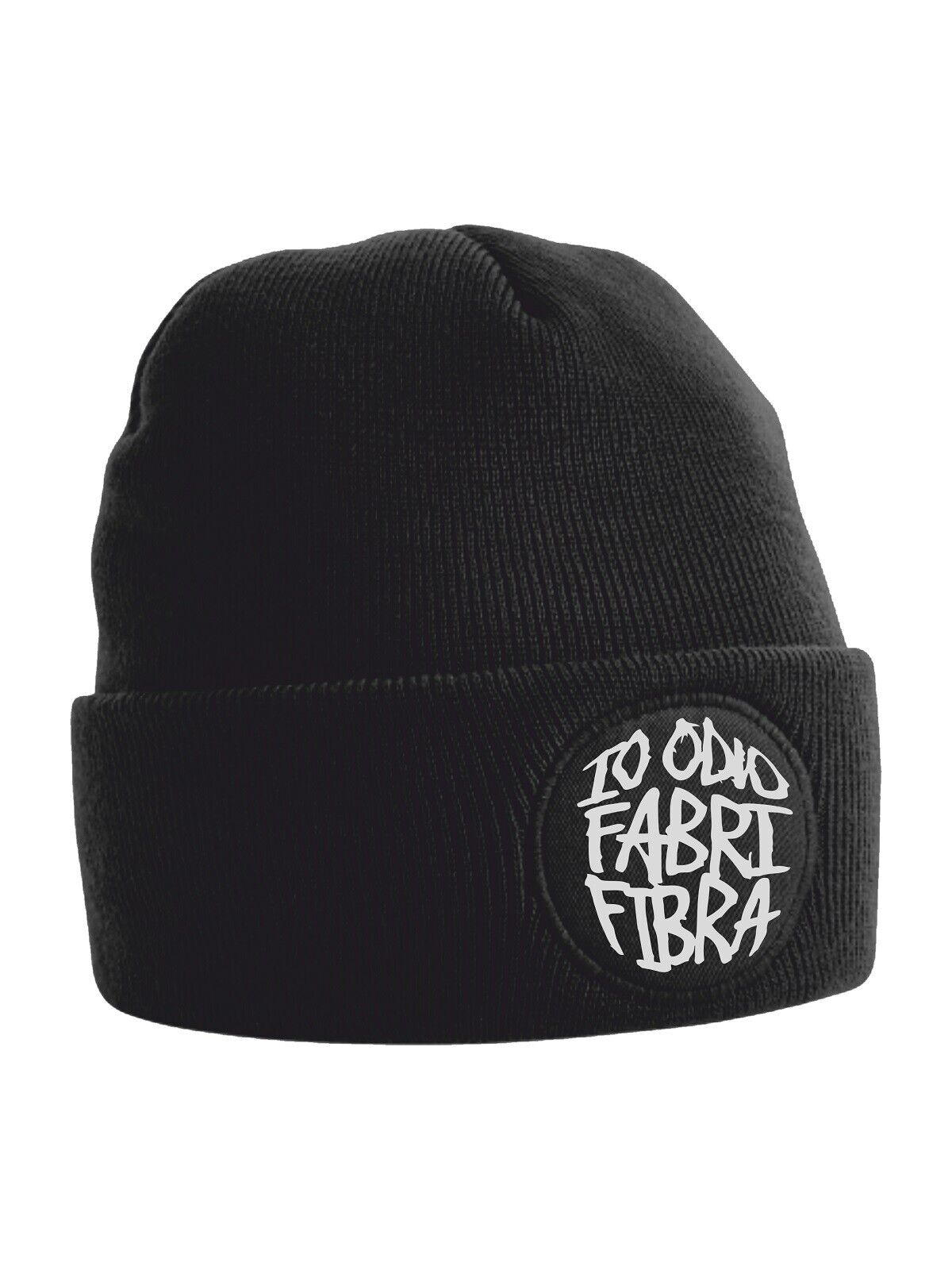 Cappellino in maglia nero taglia unica, con stampa: io odio fabri fibra centrale