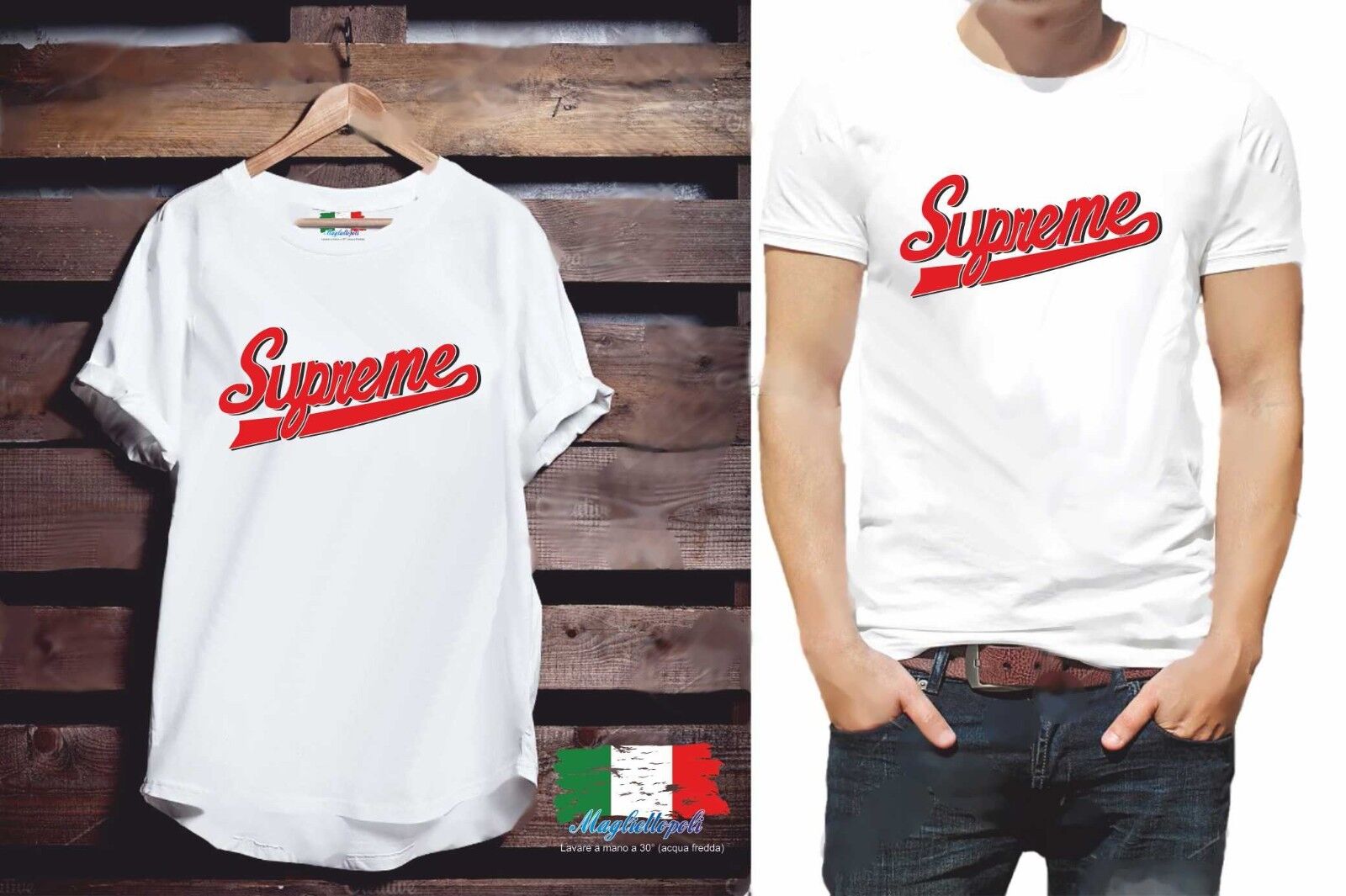 MAGLIETTA DA UOMO: COTONE FIAMMATO - COTONE CLASSICO  FAKE SUPR SCRITTA