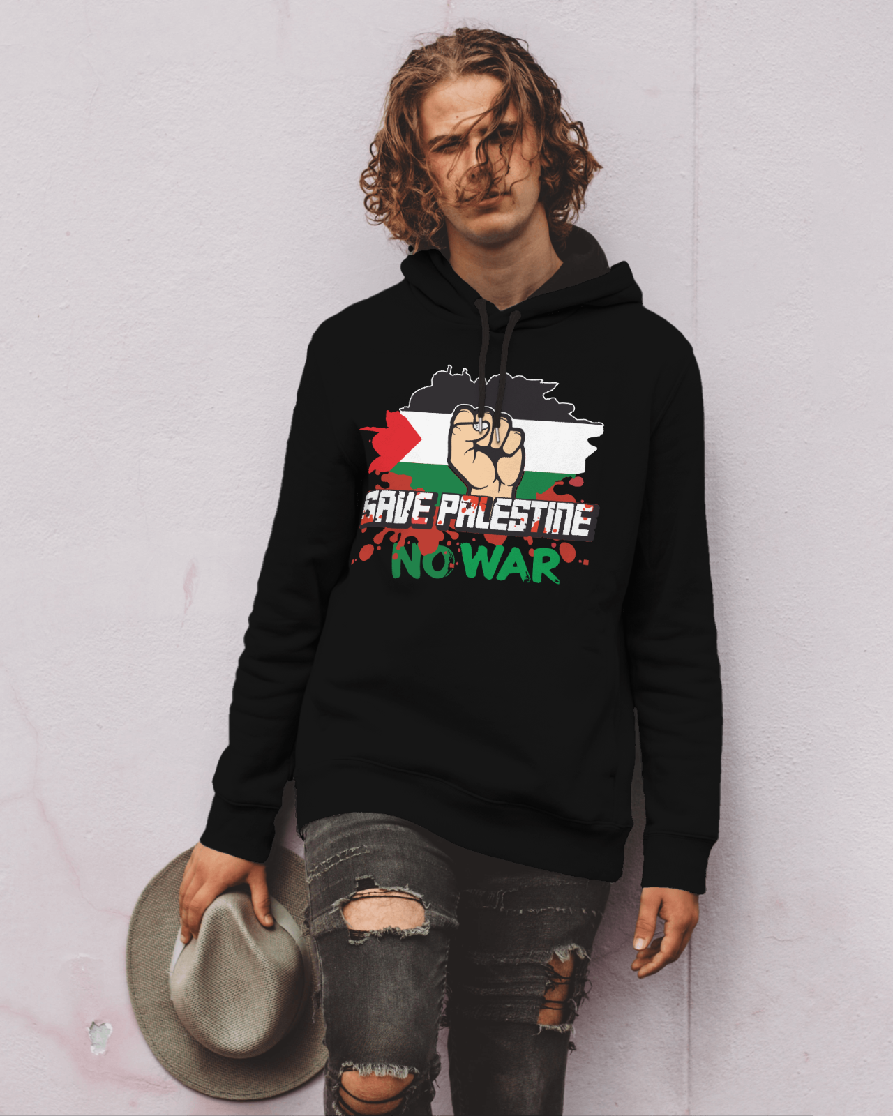 FELPA CON CAPPUCCIO E MARSUPIO STAMPA SU DAVANTI Palestina free not war