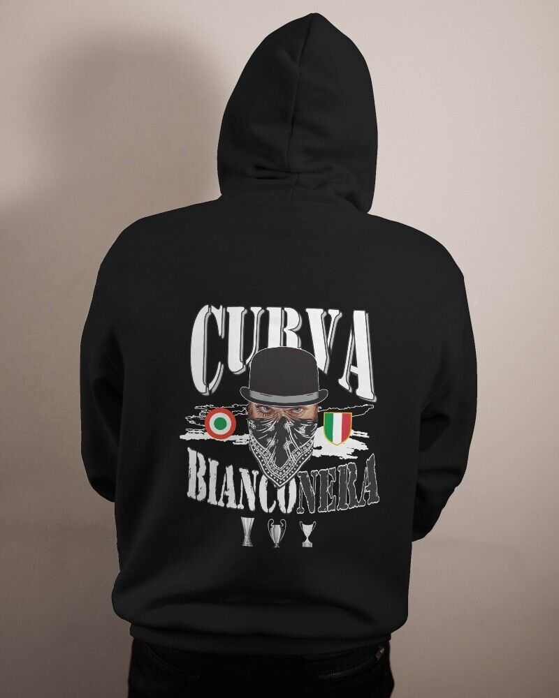 Felpa con Cappuccio e Marsupio Stampa Anche su Retro per Tifosi Bianco Neri