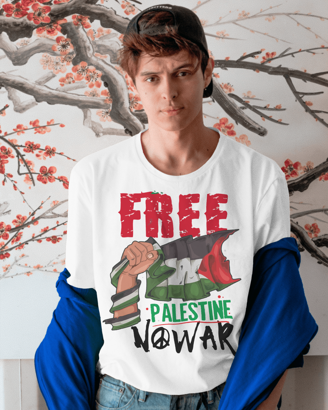 Maglietta white Manica Corta con Stampa Palestina free not war