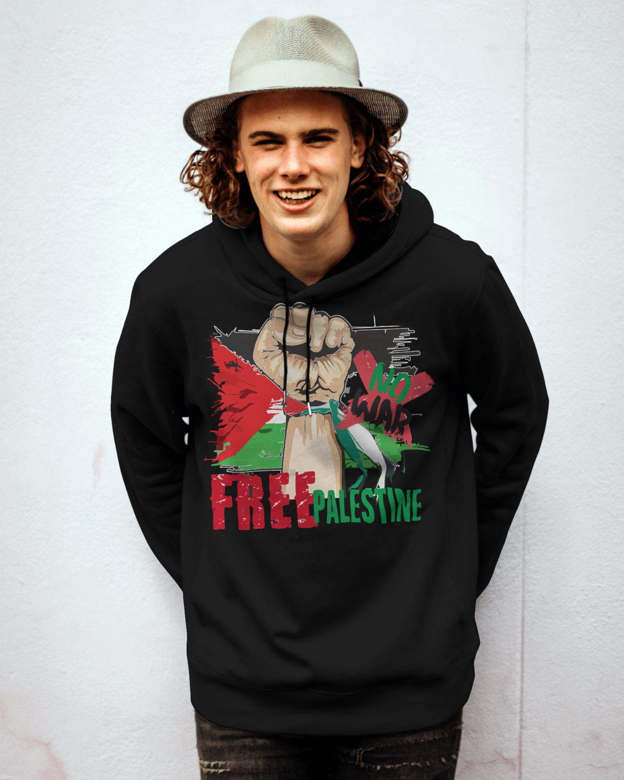 FELPA CON CAPPUCCIO E MARSUPIO STAMPA SU DAVANTI Palestina libera e  not wa