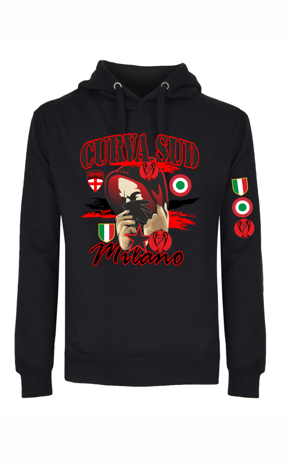 Felpa Unisex nera con cappuccio,marsupio e stampa: Curva SUD  1899 blackred