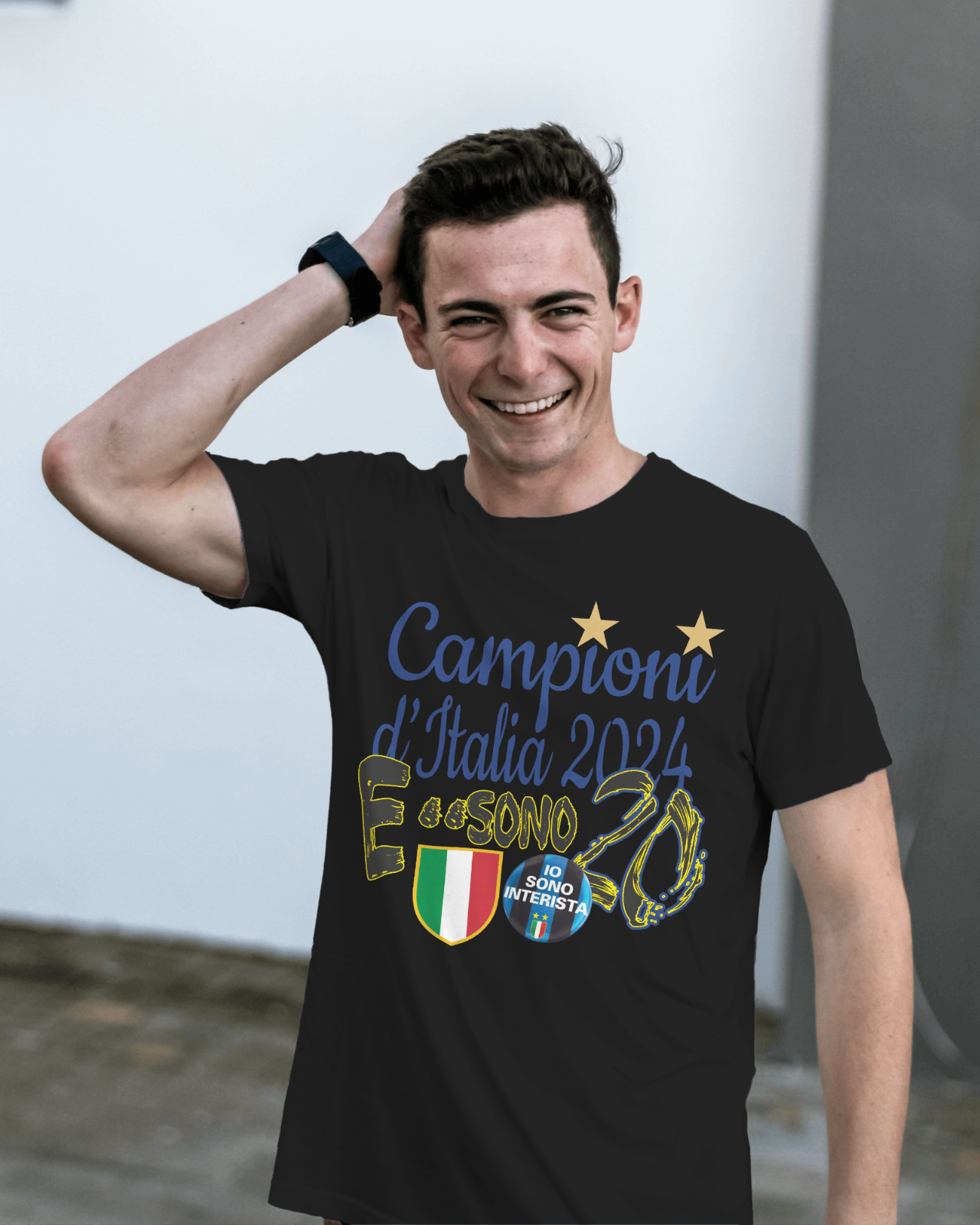 Maglietta di Colore Nero a Manica Corta stampata Campioni ditalia 2024