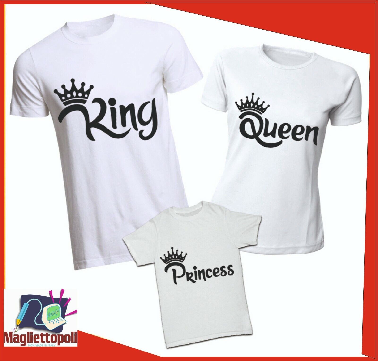Tre tshirt, due da adulto e uno per bimbo/a con stampa king queen