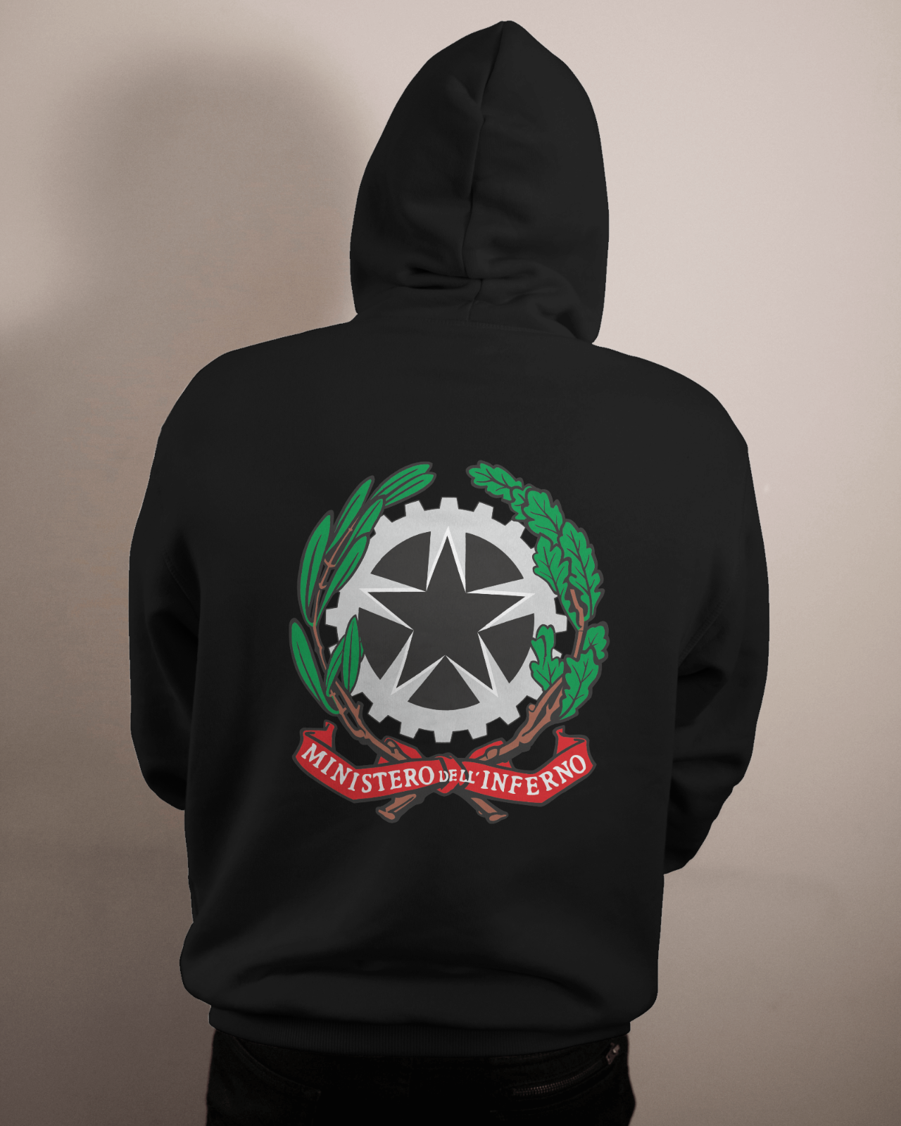 Felpa nera con cappuccio e marsupio con stampa su retro: Ministero dell&apo