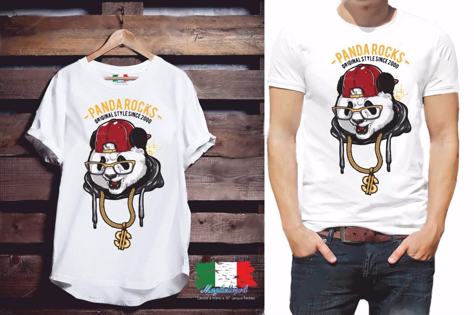 MAGLIETTA DA UOMO: COTONE FIAMMATO - COTONE CLASSICO CON STAMPA PANDA ROCK