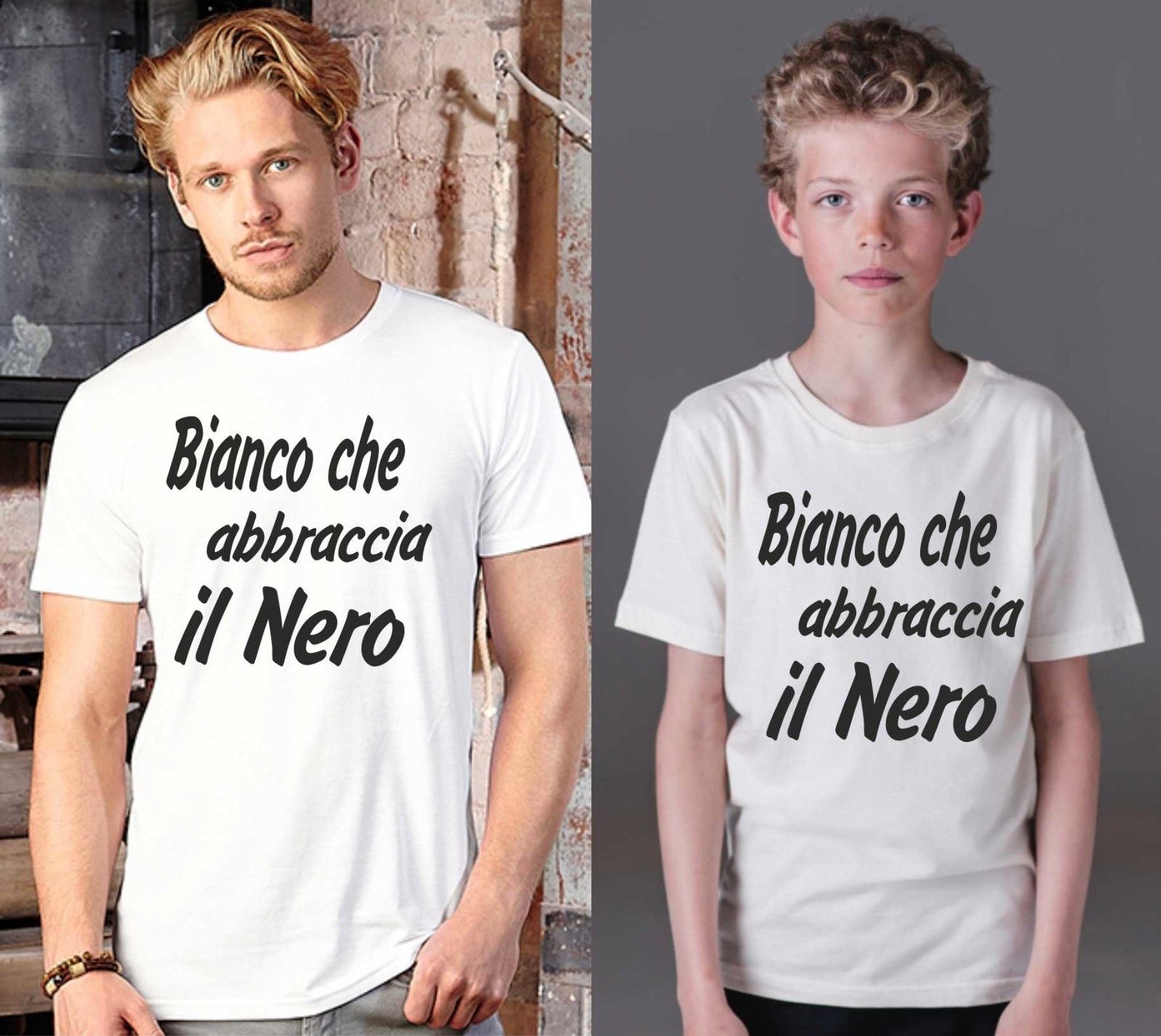 KIT DUE MAGLIETTE BIANCHE SPORTIVE - PADRE E FIGLIO ABBRACCIA