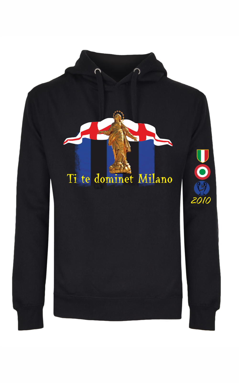 Felpa nera unisex con cappuccio e marsupio con stampa: ti de dominet Milano